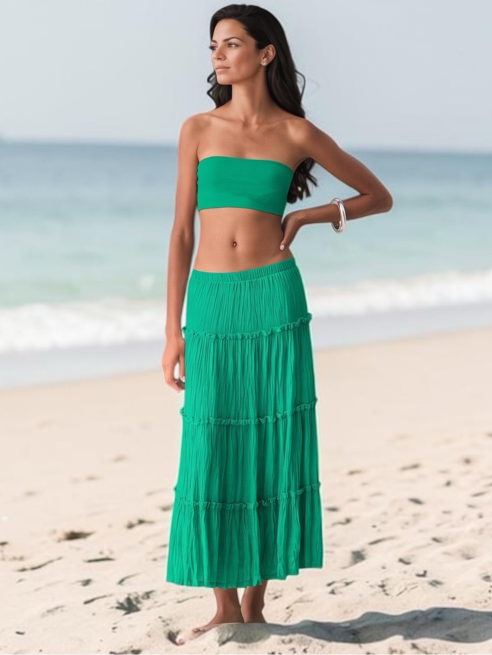 Aritzia Little Moon Damasque Tiered Crinkle Maxi Skirt Bohemian Green Sz S Boho